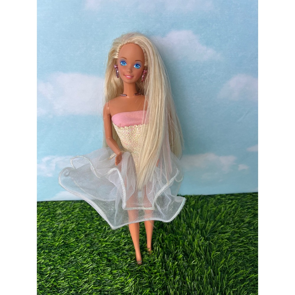 Vintage Mattel Barbie Doll Blonde Superstar Era Pink White Iridescent Gown Tutu